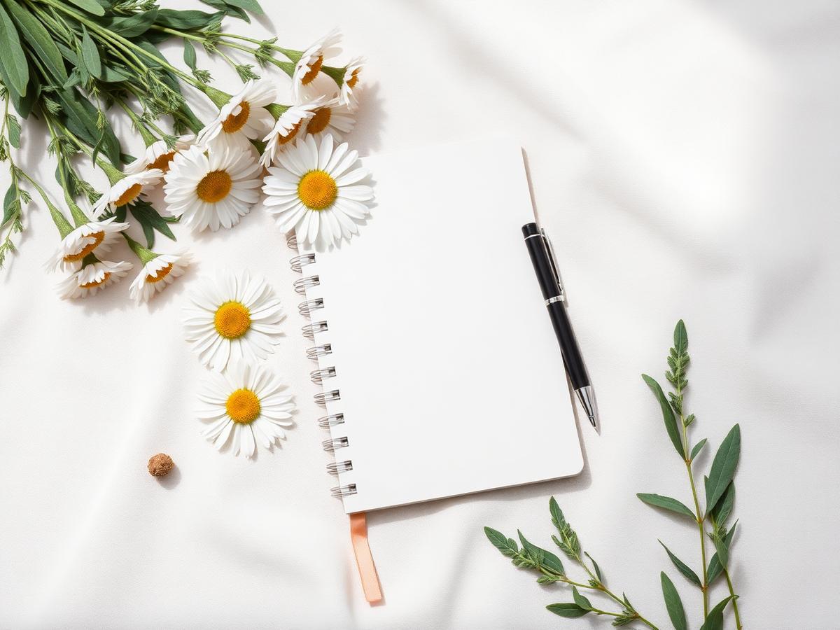 Cuaderno con flores blancas: proceso de creación de fórmulas personalizadas